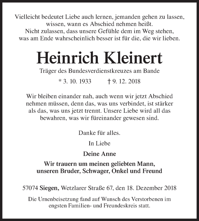  Traueranzeige für Heinrich Kleinert vom 18.12.2018 aus Siegener Zeitung
