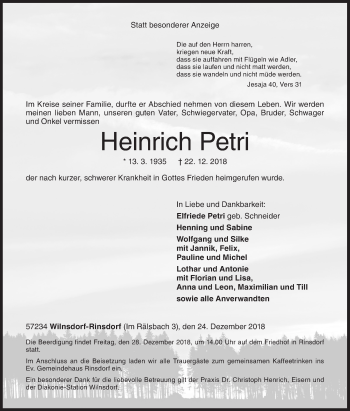 Traueranzeige von Heinrich Petri von Siegener Zeitung