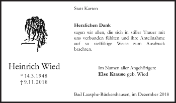 Traueranzeige von Heinrich Wied von Siegener Zeitung