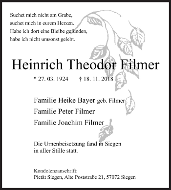 Traueranzeige von Heinrich Theodor Filmer von Siegener Zeitung