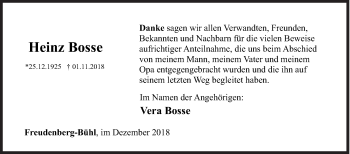 Traueranzeige von Heinz Bosse von Siegener Zeitung