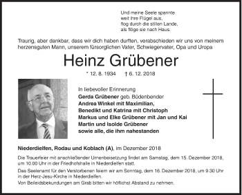 Traueranzeige von Heinz Grübener von Siegener Zeitung