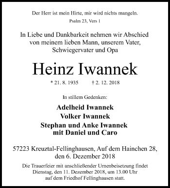 Traueranzeige von Heinz Iwannek von Siegener Zeitung