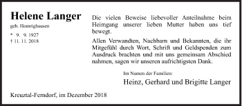 Traueranzeige von Helene Langer von Siegener Zeitung