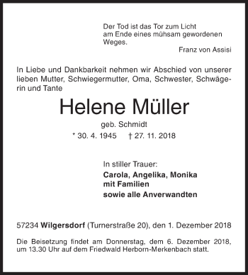 Traueranzeige von Helene Müller von Siegener Zeitung