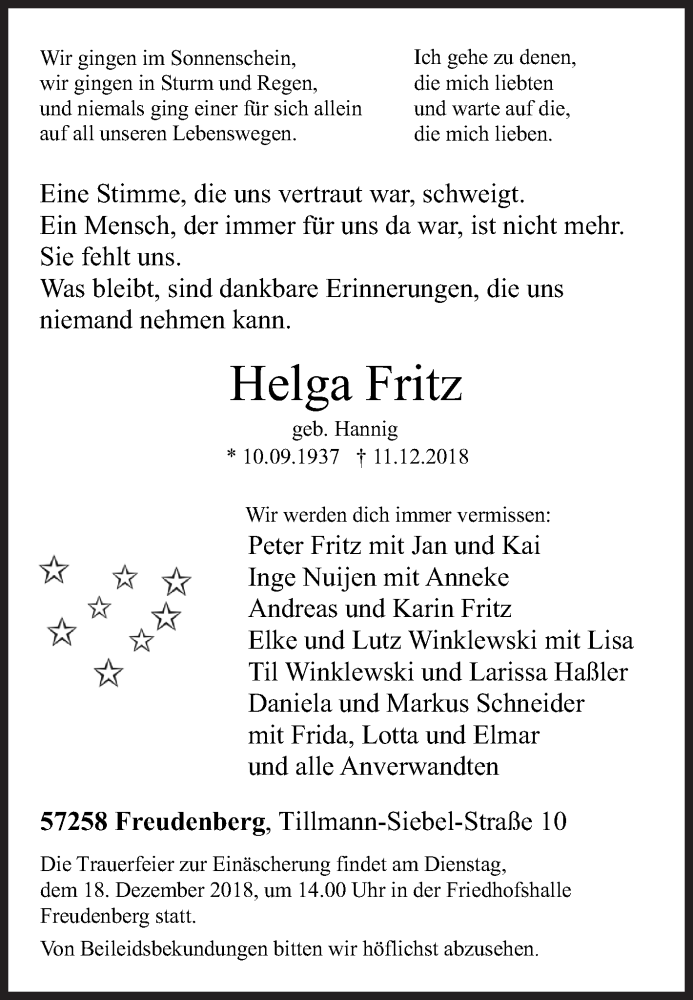  Traueranzeige für Helga Fritz vom 14.12.2018 aus Siegener Zeitung