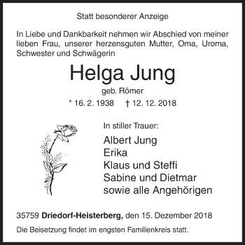 Traueranzeige von Helga Jung von Siegener Zeitung