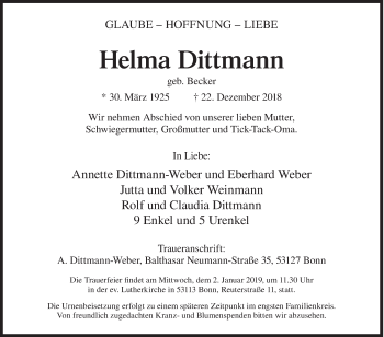 Traueranzeige von Helma Dittmann von Siegener Zeitung