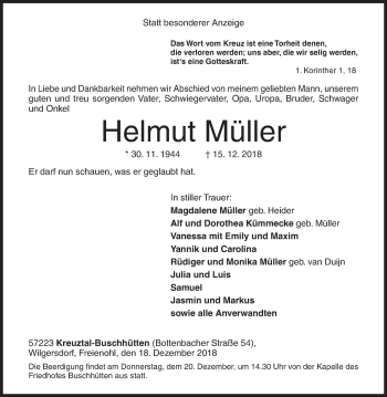 Traueranzeige von Helmut Müller von Siegener Zeitung