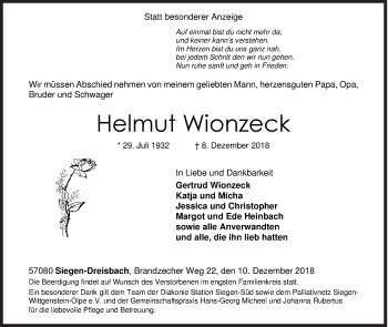 Traueranzeige von Helmut Wionzeck von Siegener Zeitung