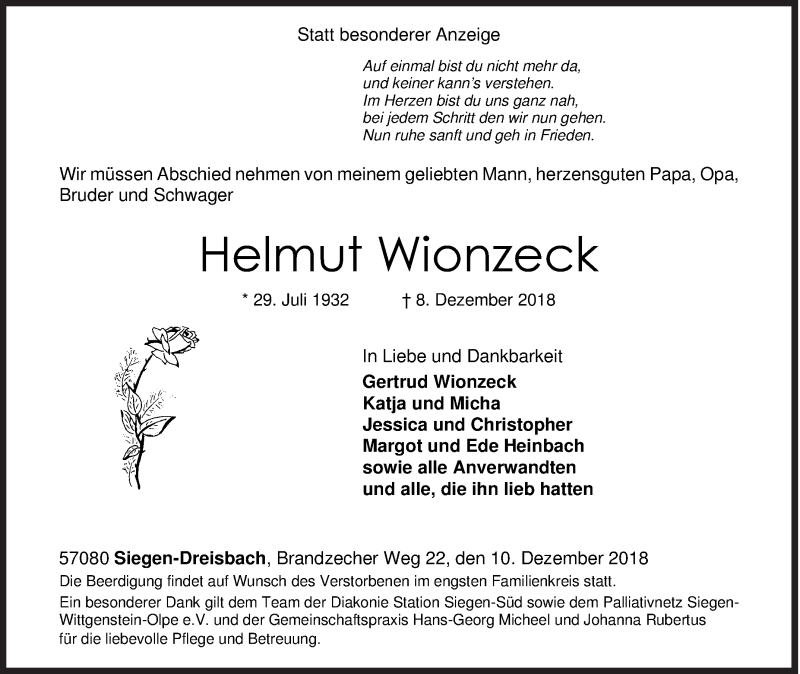  Traueranzeige für Helmut Wionzeck vom 10.12.2018 aus Siegener Zeitung