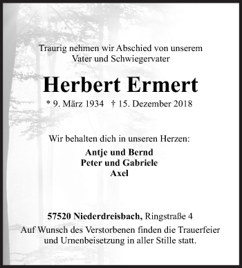 Traueranzeige von Herbert Ermert von Siegener Zeitung