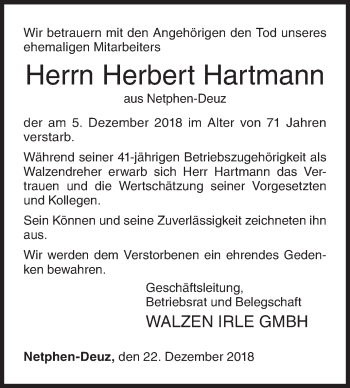 Traueranzeige von Herbert Hartmann von Siegener Zeitung