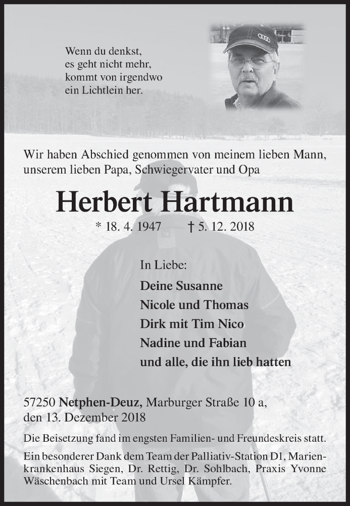  Traueranzeige für Herbert Hartmann vom 13.12.2018 aus Siegener Zeitung