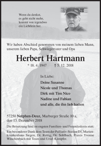 Traueranzeige von Herbert Hartmann von Siegener Zeitung