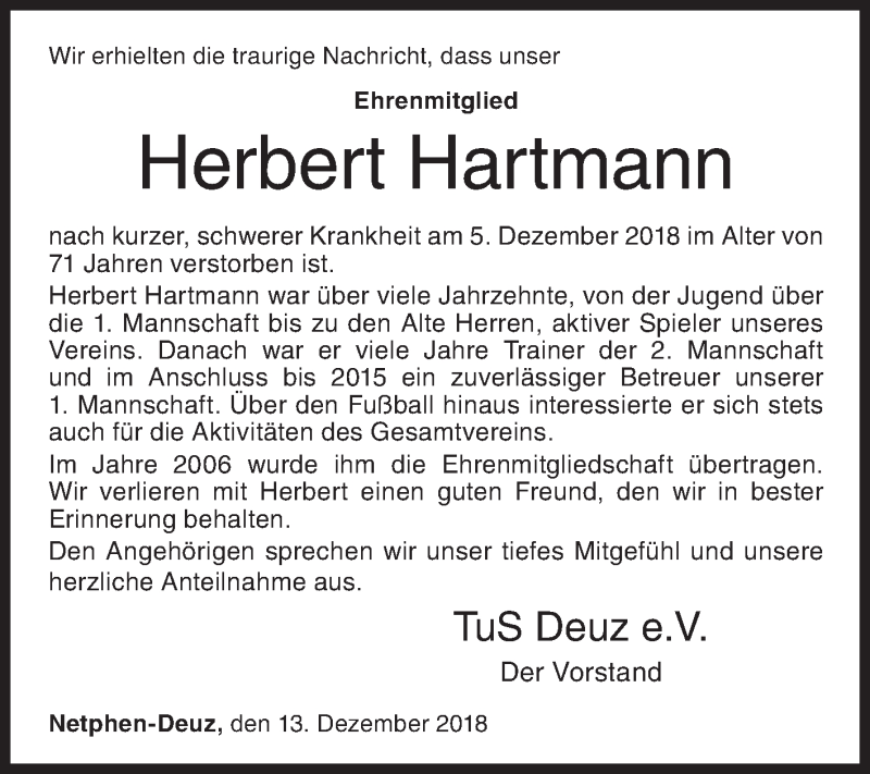  Traueranzeige für Herbert Hartmann vom 13.12.2018 aus Siegener Zeitung