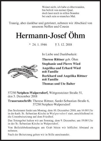 Traueranzeige von Hermann-Josef Öhm von Siegener Zeitung