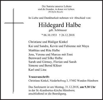 Traueranzeige von Hildegard Halbe von Siegener Zeitung