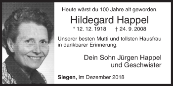 Traueranzeige von Hildegard Happel von Siegener Zeitung