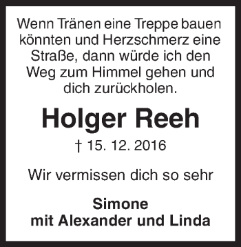 Traueranzeige von Holger Reeh von Siegener Zeitung