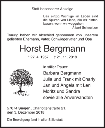 Traueranzeige von Horst Bergmann von Siegener Zeitung