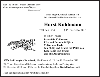 Traueranzeige von Horst Kohlmann von Siegener Zeitung