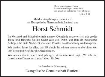 Traueranzeige von Horst Schmidt von Siegener Zeitung