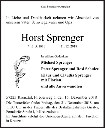 Traueranzeige von Horst Sprenger von Siegener Zeitung