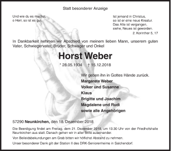 Traueranzeige von Horst Weber von Siegener Zeitung