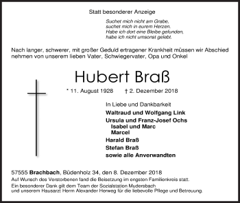 Traueranzeige von Hubert Braß von Siegener Zeitung
