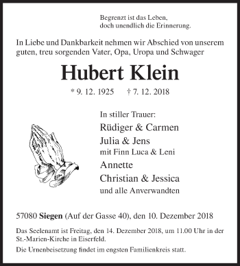 Traueranzeige von Hubert Klein von Siegener Zeitung