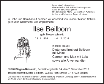 Traueranzeige von Ilse Beilborn von Siegener Zeitung