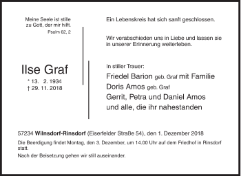 Traueranzeige von Ilse Graf von Siegener Zeitung