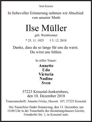 Traueranzeige von Ilse Müller von Siegener Zeitung