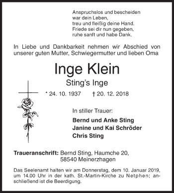 Traueranzeige von Inge Klein von Siegener Zeitung