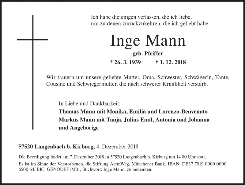  Traueranzeige für Inge Mann vom 04.12.2018 aus Siegener Zeitung