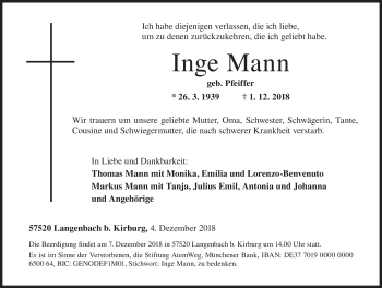 Traueranzeige von Inge Mann von Siegener Zeitung