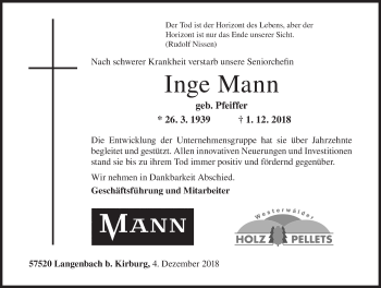 Traueranzeige von Inge Mann von Siegener Zeitung
