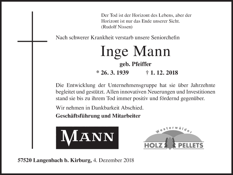  Traueranzeige für Inge Mann vom 04.12.2018 aus Siegener Zeitung