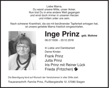 Traueranzeige von Inge Prinz von Siegener Zeitung