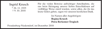 Traueranzeige von Ingrid Krusch von Siegener Zeitung