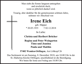 Traueranzeige von Irene Eich von Siegener Zeitung