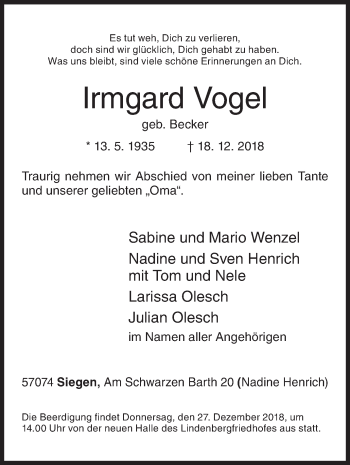 Traueranzeige von Irmgard Vogel von Siegener Zeitung