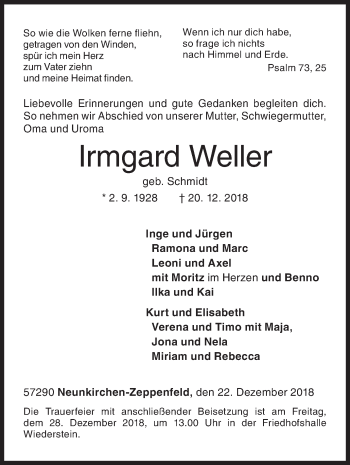 Traueranzeige von Irmgard Weller von Siegener Zeitung