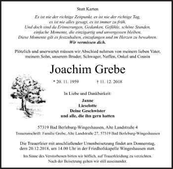 Traueranzeige von Joachim Grebe von Siegener Zeitung
