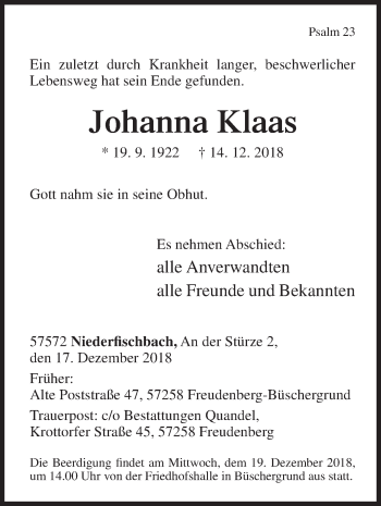 Traueranzeige von Johanna Klaas von Siegener Zeitung
