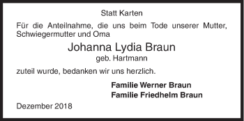 Traueranzeige von Johanna Lydia Braun von Siegener Zeitung