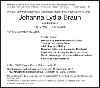 Traueranzeige von Johanna Lydia Braun von Siegener Zeitung