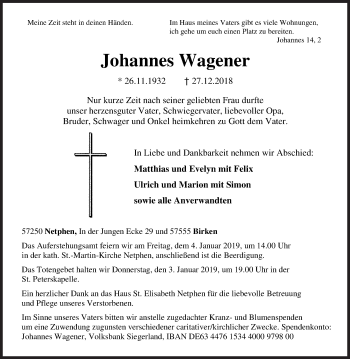 Traueranzeige von Johannes Wagener von Siegener Zeitung