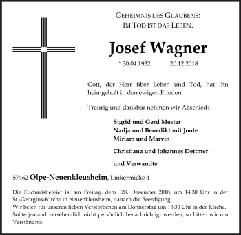 Traueranzeige von Josef Wagner von Siegener Zeitung
